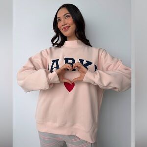 PARKE Valentine’s Day Fleece Heart Varsiry Mockneck PEONY DENIM XXL READY SHIP!!